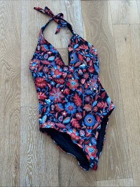 LOFT Beach One piece Swimsuit Red and Blue Floral Size 6